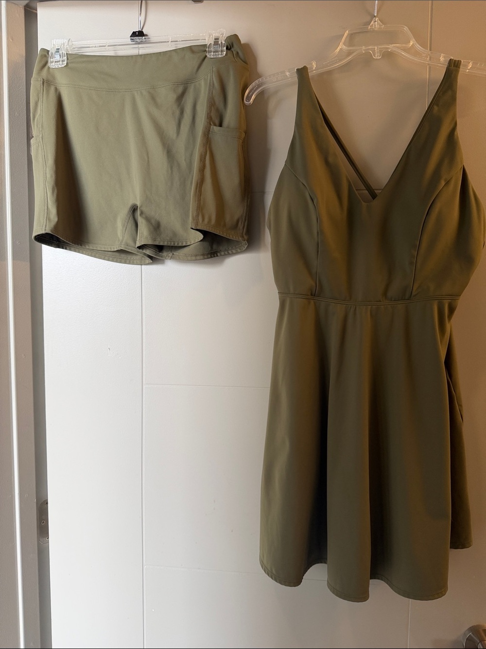 HALARA Olive Green V-Neck A-Line Mini Dress with Matching Shorts